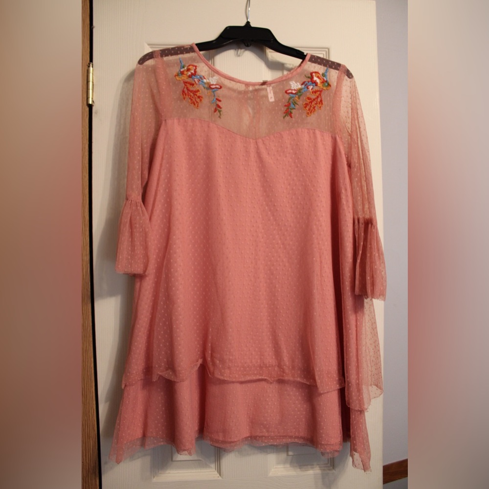 Pink tulle dress with embroidered details. Midi sleeves